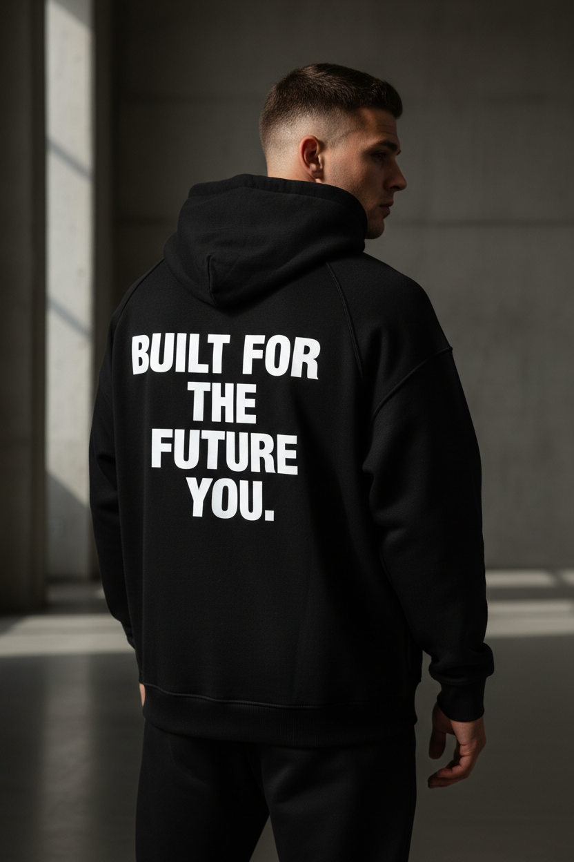 Vyral Premium Hoodie in Black - Back view with BUILT FOR THE FUTURE YOU slogan